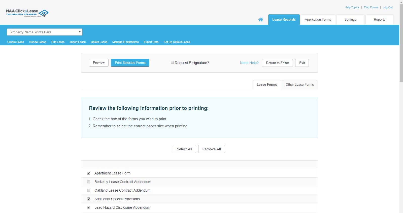 printing a lease